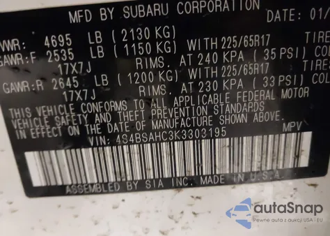 2019 Subaru Outback 2.5I Premium z USA, uszkodzony, nr VIN 4S4BSAHC3K3303195